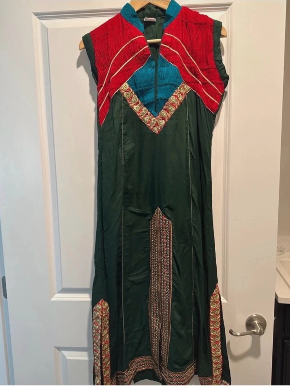 3 Pc Embroidered Green Maxi Kurta with Red & Teal Accents, With Pants and Duptta